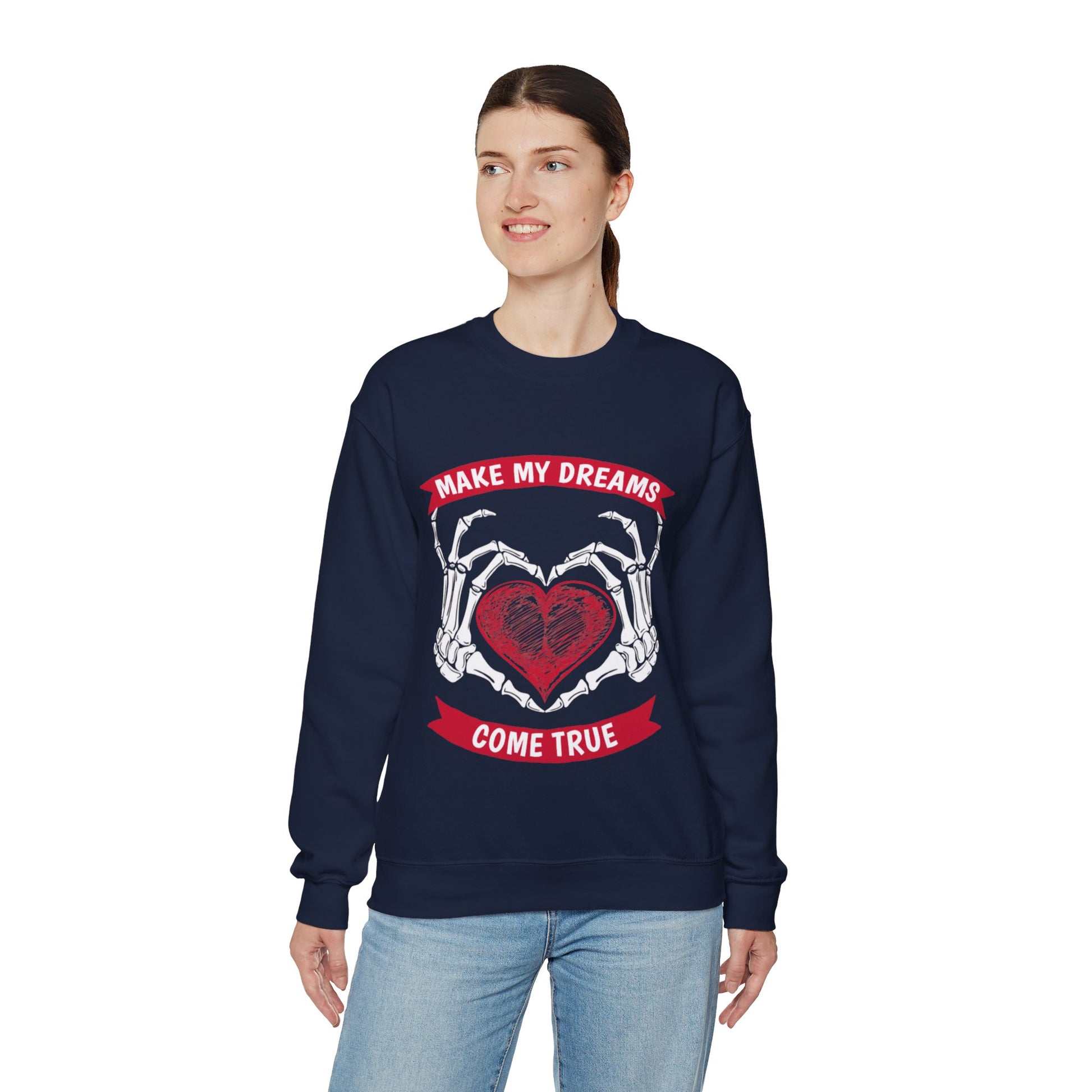 Make My Dreams Come True Skeleton Hands & Heart Graphic Sweatshirt in Blue from Topaz Peaks