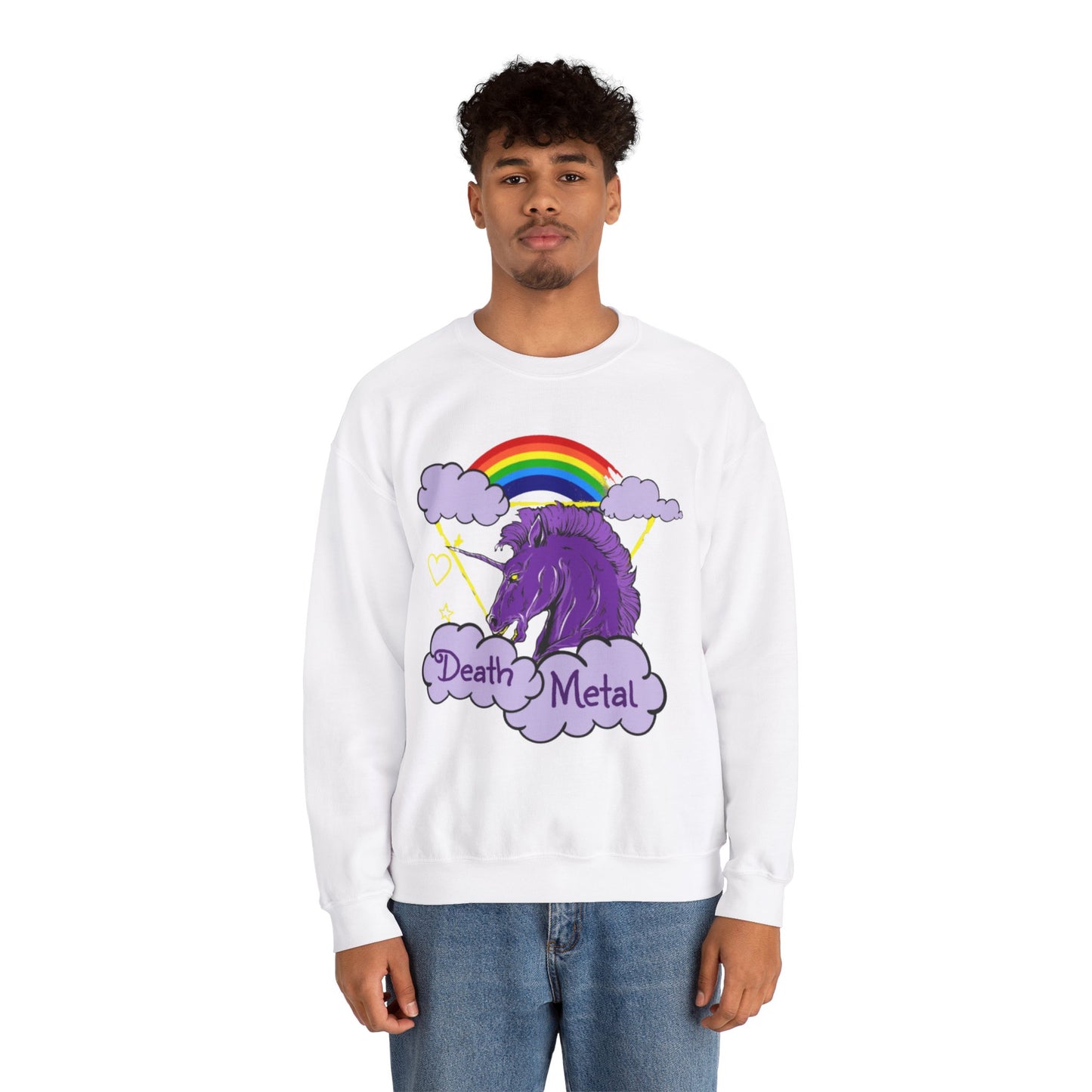 Death Metal Unicorn and Rainbow Graphic Crewneck Sweatshirt in White from Topaz Peaks