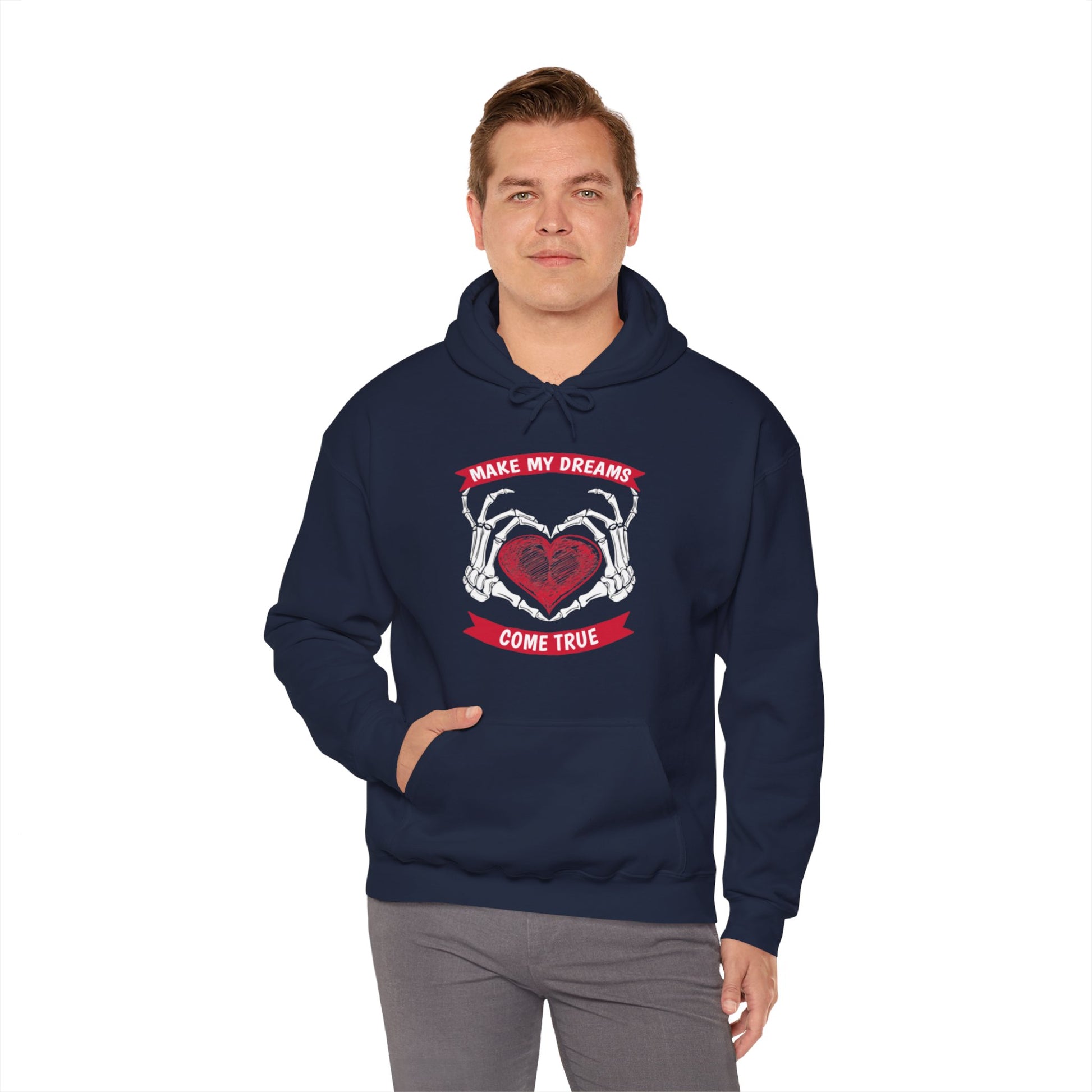 Make My Dreams Come True Skeleton Hands & Heart Graphic Hoodie Sweatshirt in Blue from Topaz Peaks