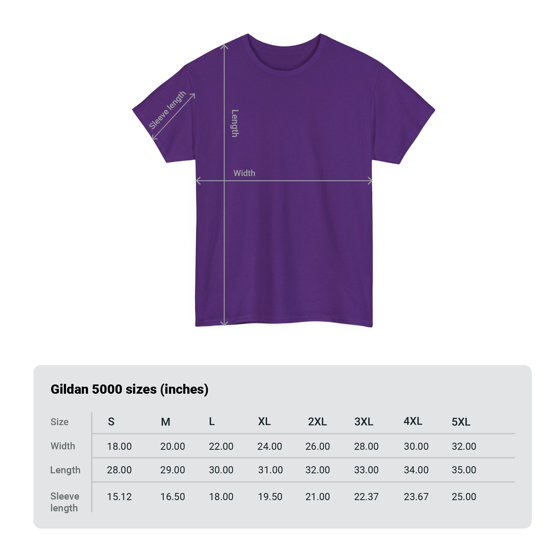 Short-sleeve graphic t-shirt sizing chart for Gildan 5000 tee