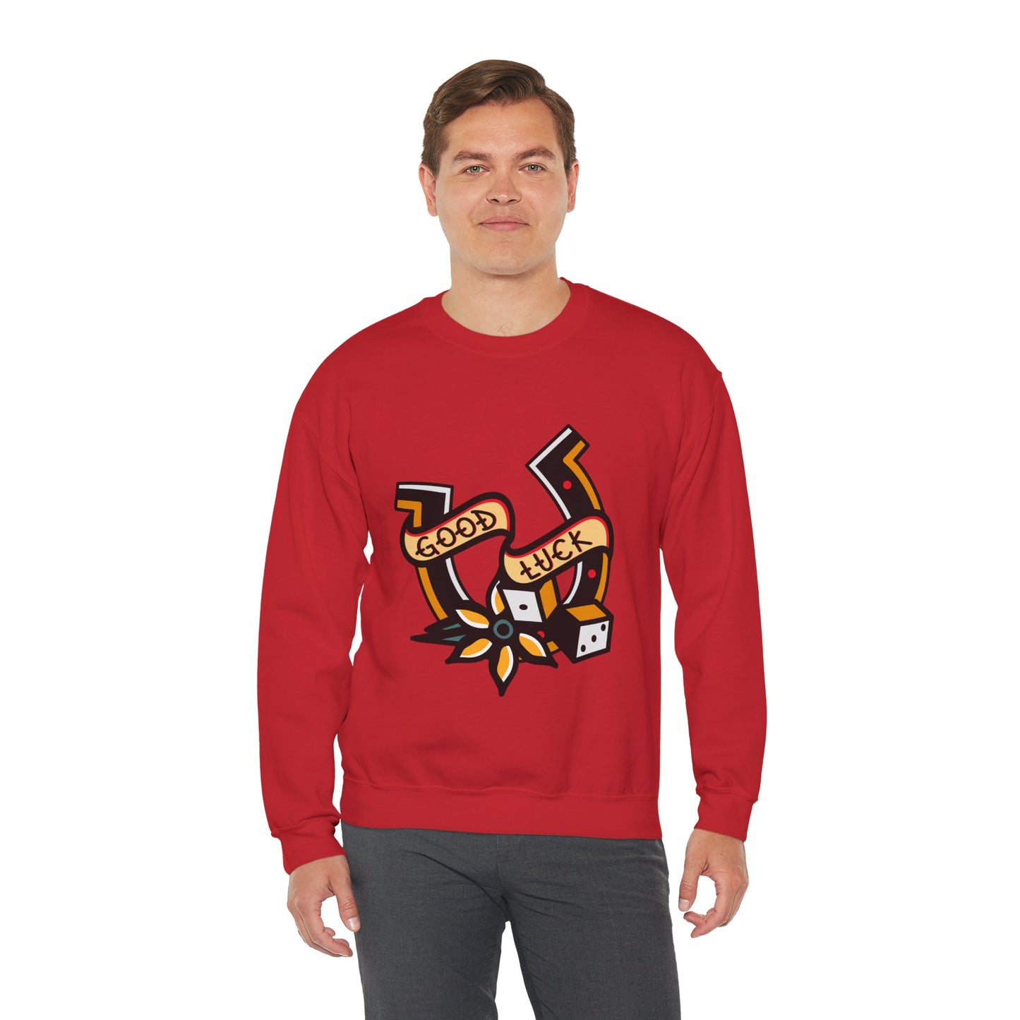 Good Luck Tattoo Art Graphic Print Sweatshirt in Red from Topaz Peaks