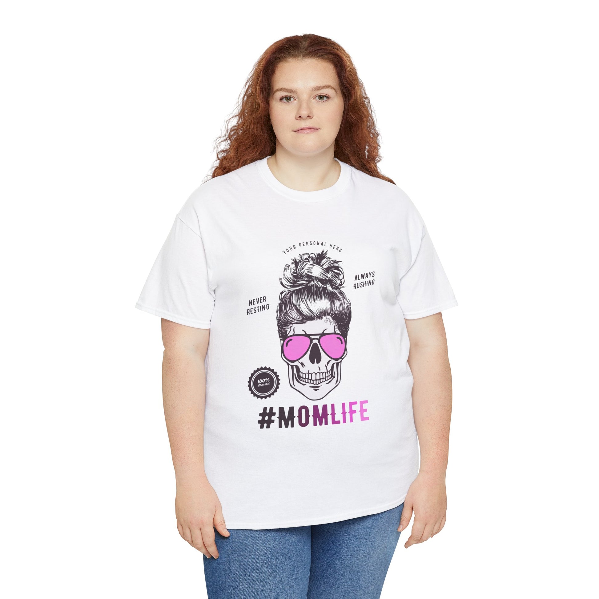 #MomLife Skull and Sunglasses Graphic T-shirt in White from Topaz Peaks