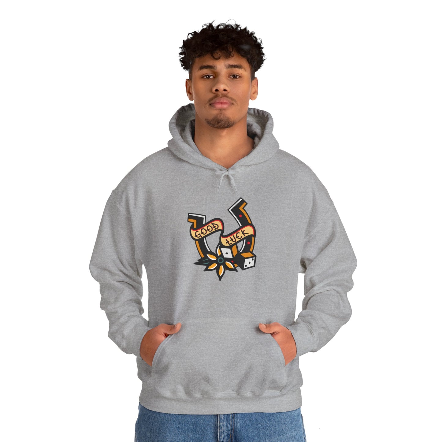 Good Luck Tattoo Art Graphic Print Hoodie Sweatshirt in Gray from Topaz Peaks