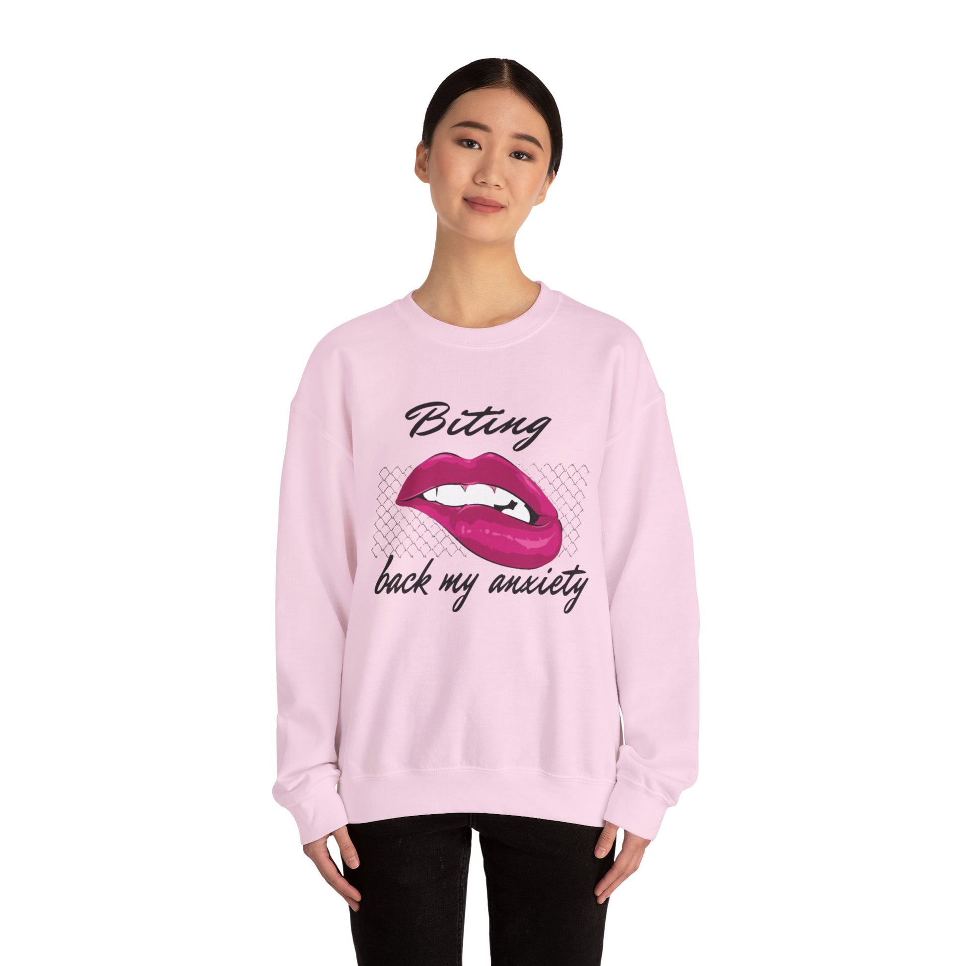 Biting Lips Graphic Crewneck Sweatshirt in Pink from Topaz Peaks