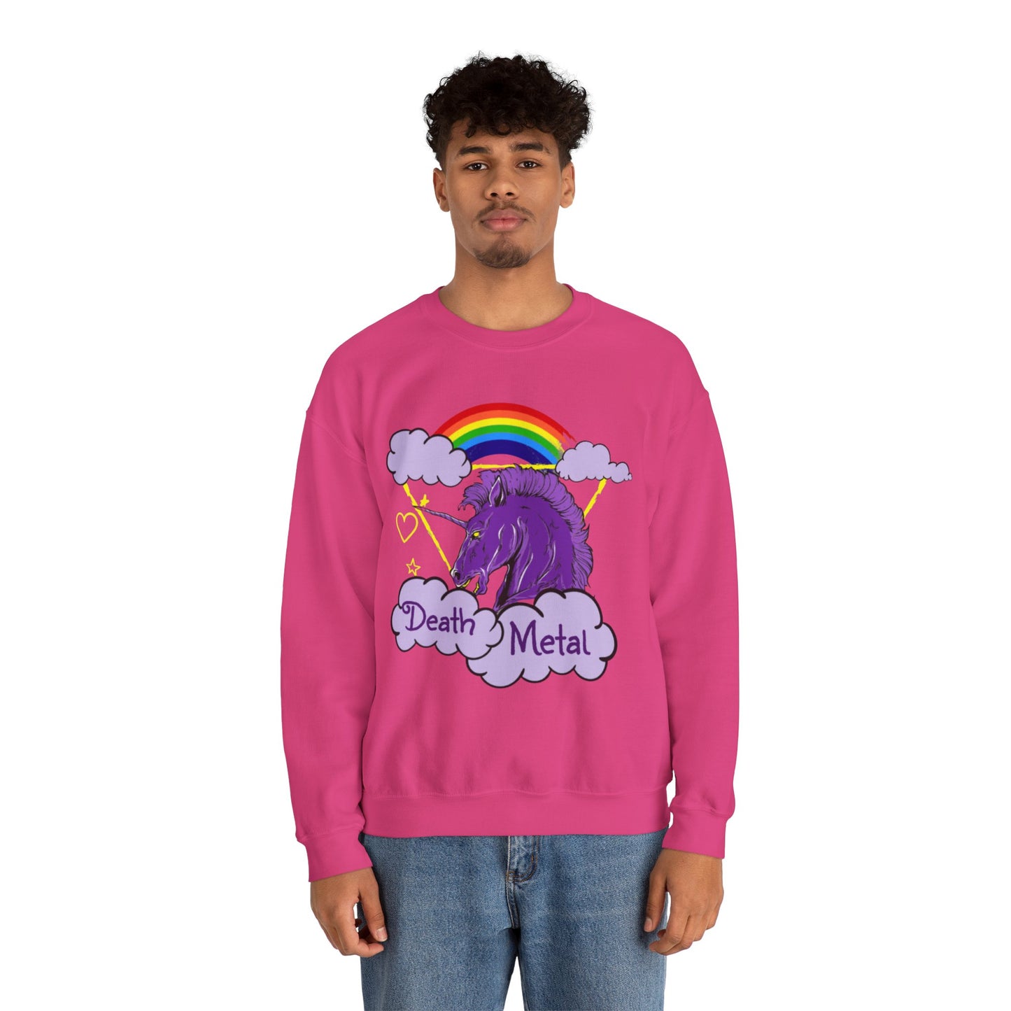 Death Metal Unicorn and Rainbow Graphic Crewneck Sweatshirt in Pink from Topaz Peaks