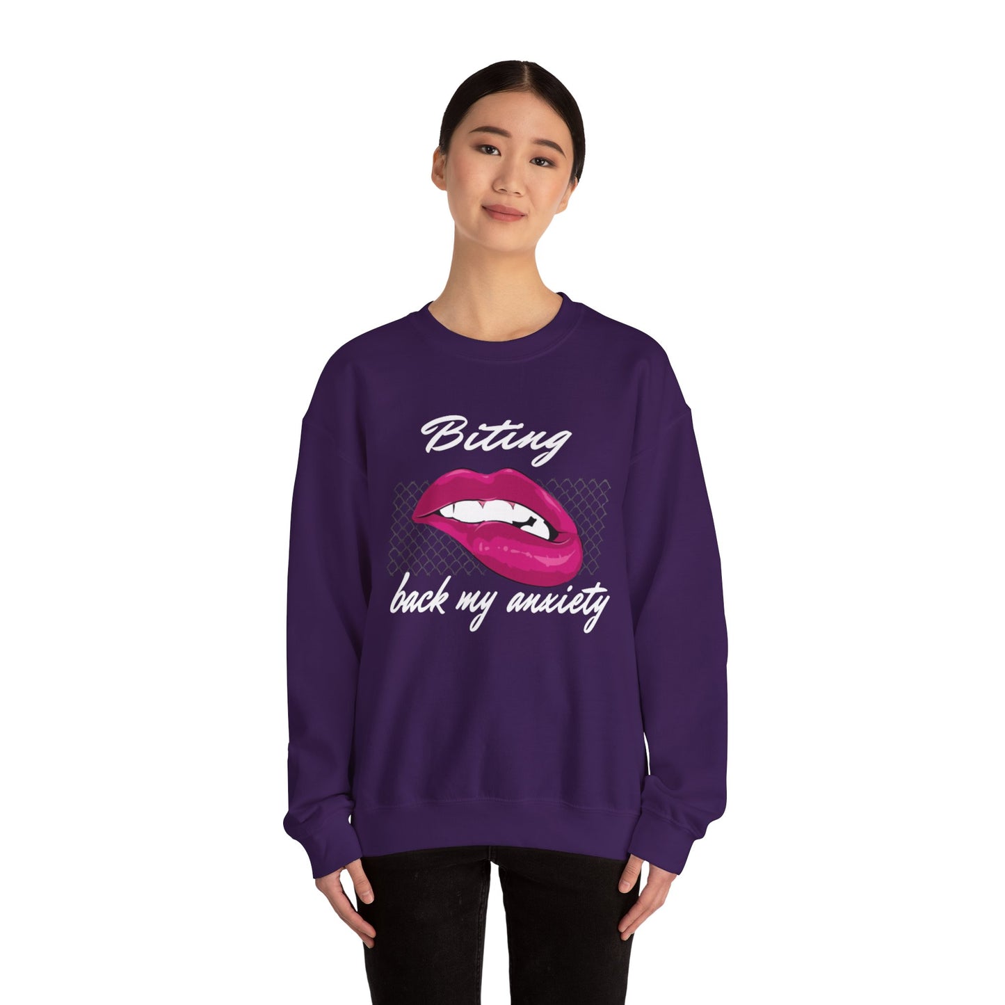 Biting Lips Graphic Crewneck Sweatshirt in Purple from Topaz Peaks