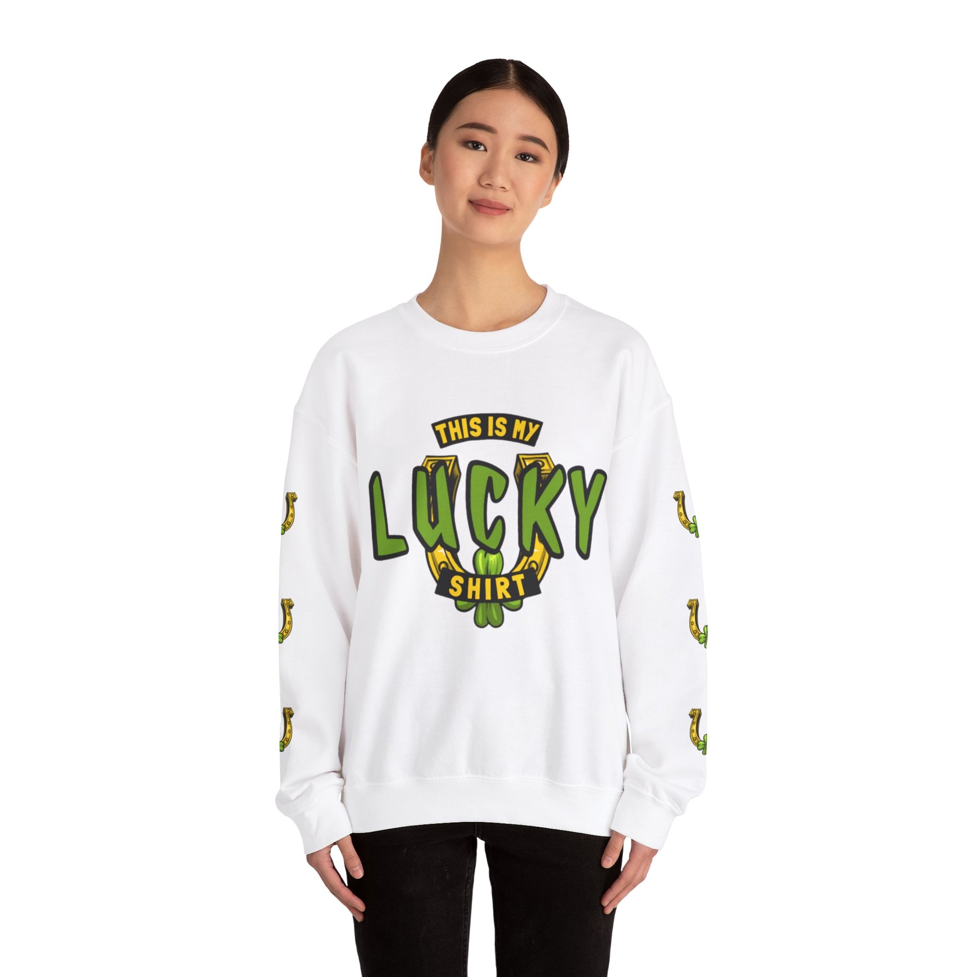 This is My Lucky Shirt with Horseshoe and Shamrock Graphic Sweatshirt in White with printed sleeves.