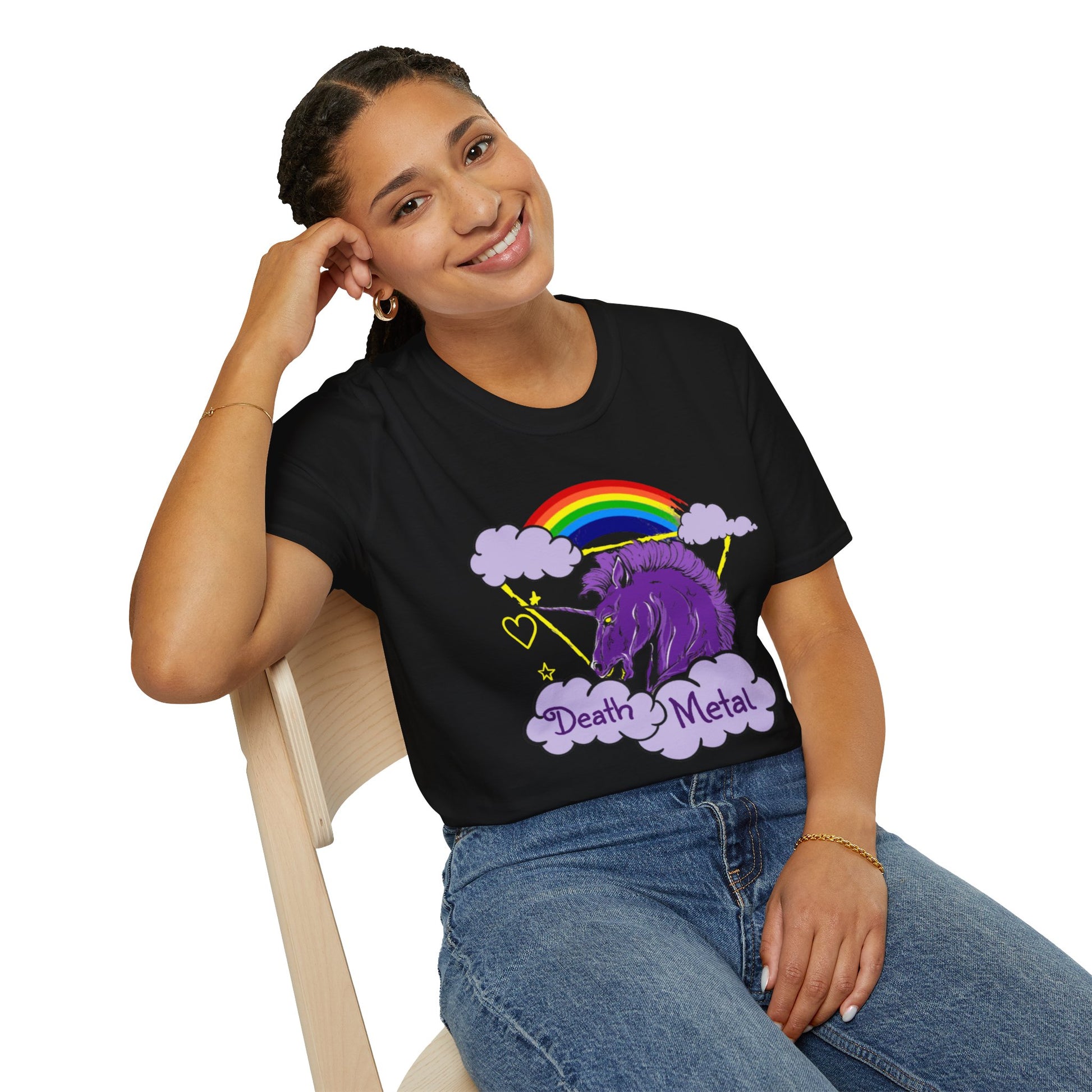 Death Metal Unicorn and Rainbow Graphic T-shirt in Black from Topaz Peaks