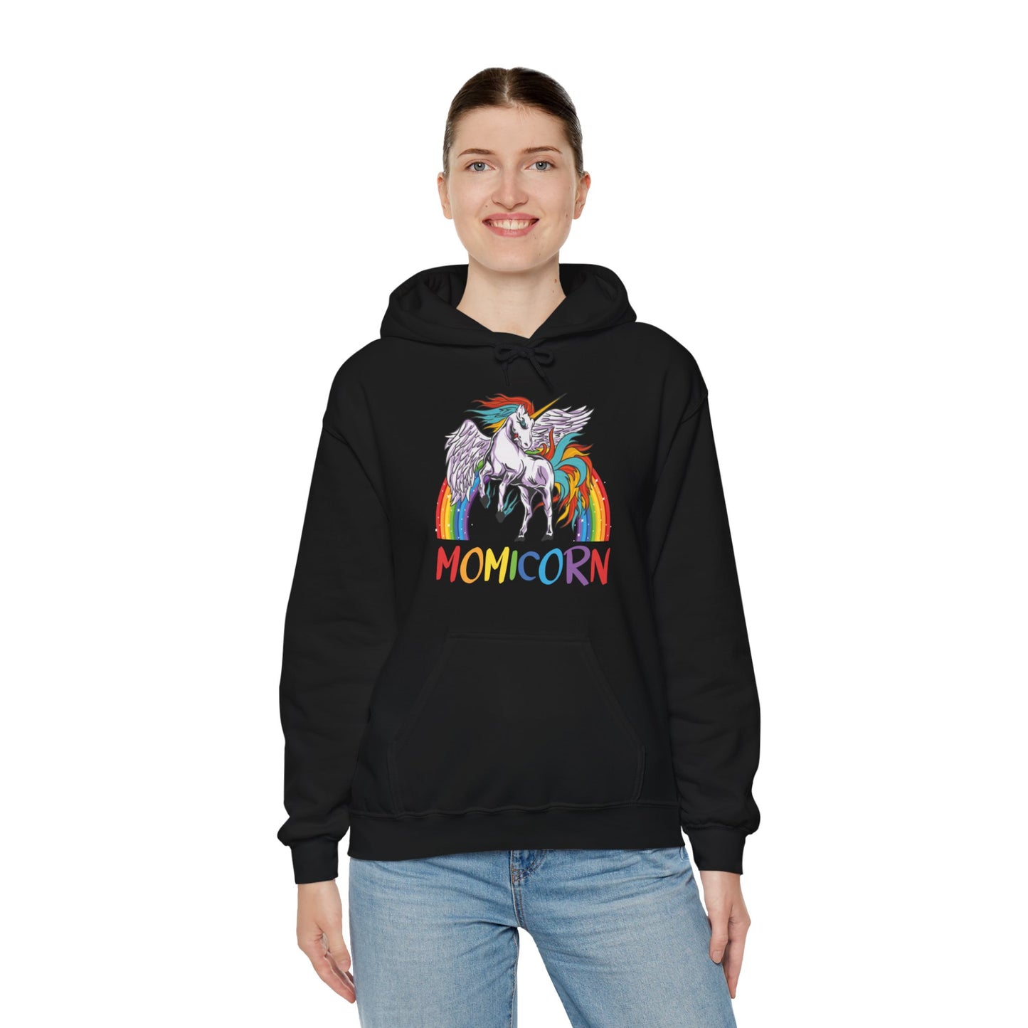 Momicorn Mama Unicorn Rainbow Graphic Hoodie Sweatshirt in Black from Topaz Peaks