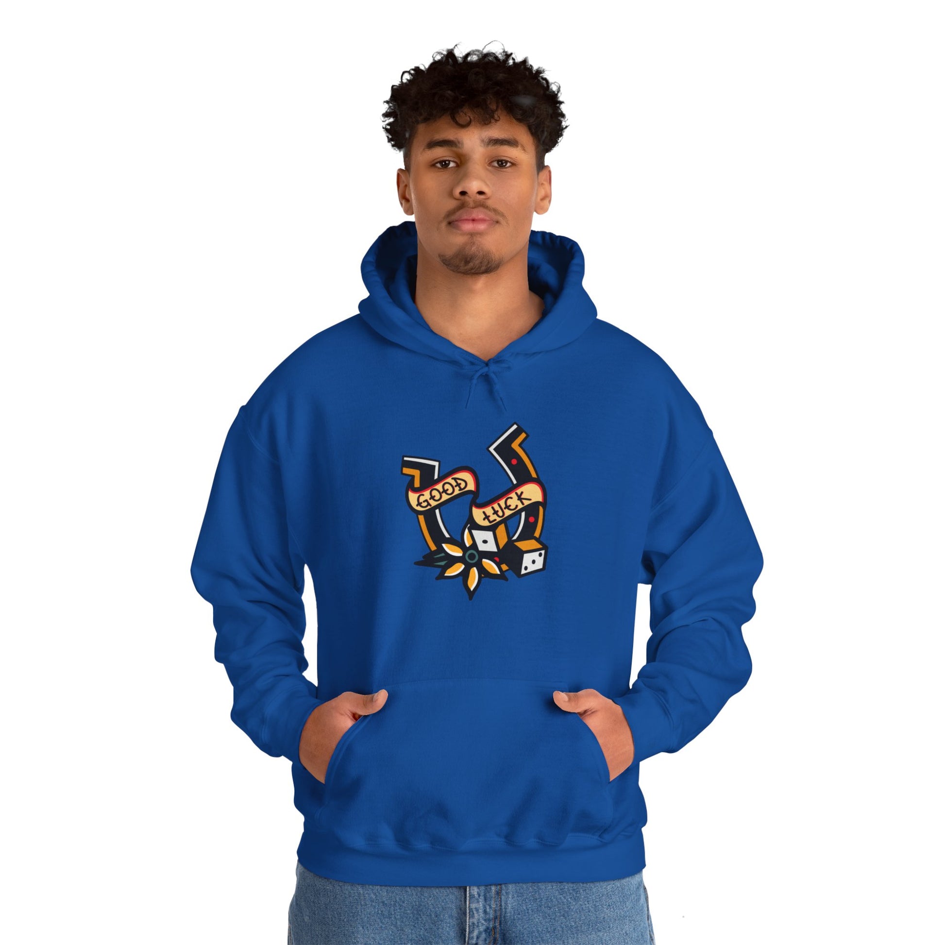 Good Luck Tattoo Art Graphic Print Hoodie Sweatshirt in Blue from Topaz Peaks