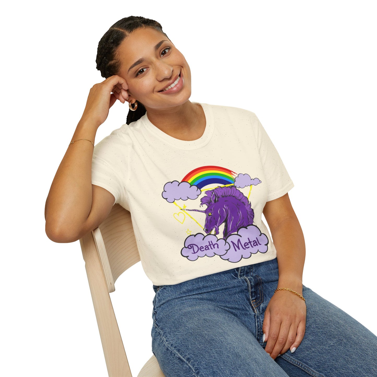 Death Metal Unicorn and Rainbow Graphic T-shirt in Ivory from Topaz Peaks