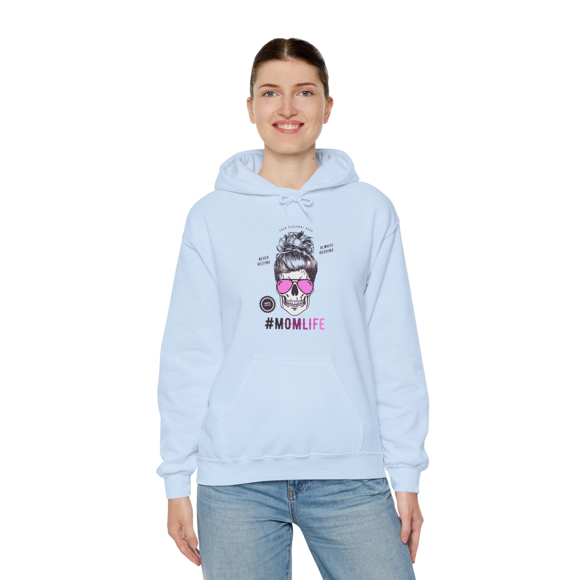 #MomLife Skull and Sunglasses Graphic Hoodie Sweatshirt in Blue from Topaz Peaks