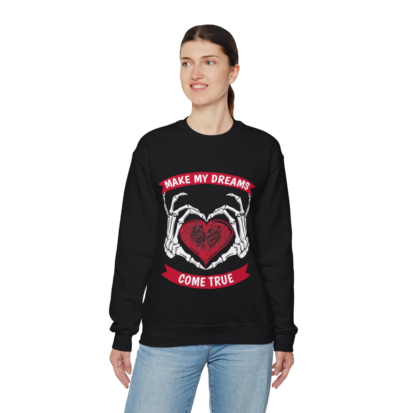 Make My Dreams Come True Skeleton Hands & Heart Graphic Sweatshirt in Black from Topaz Peaks