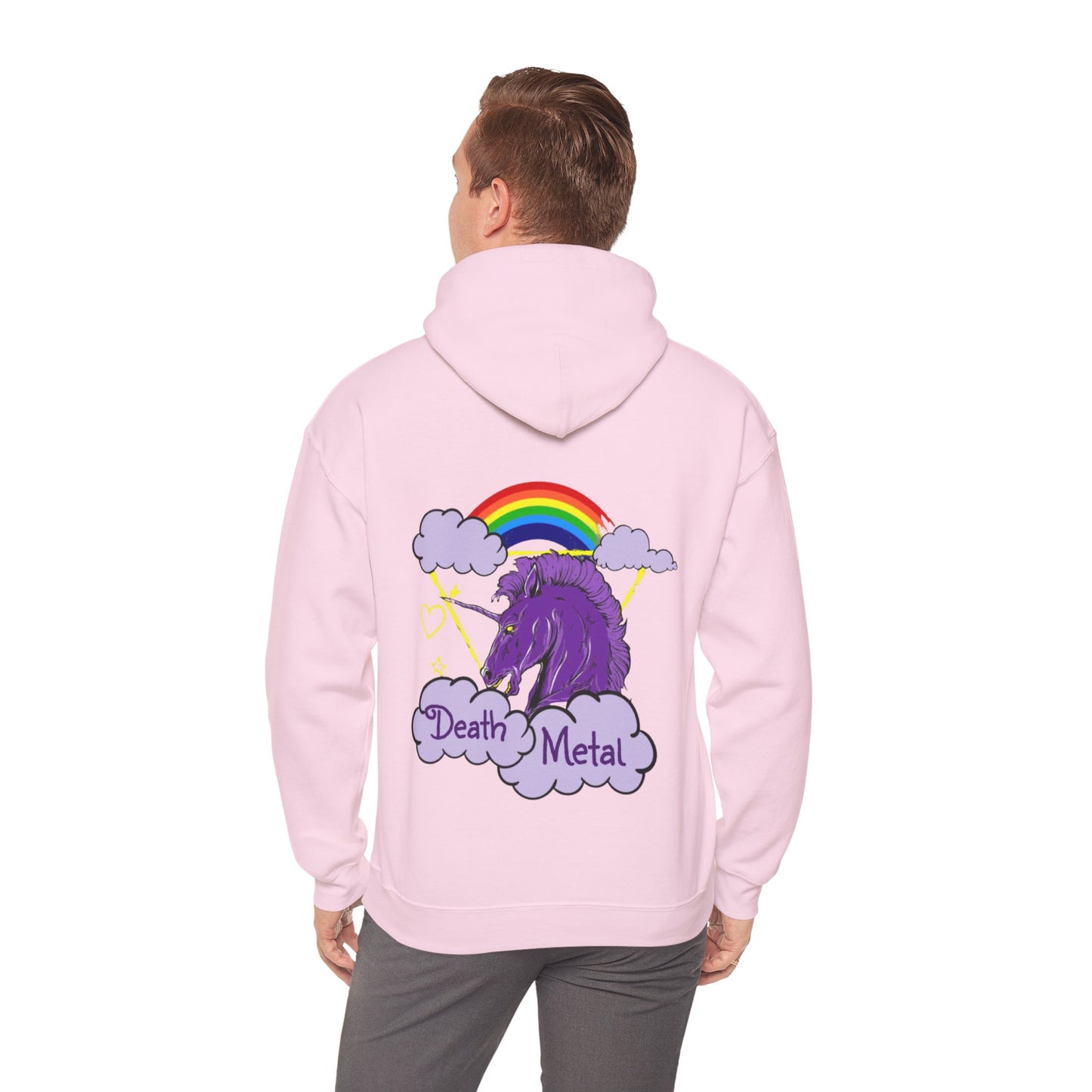 Death Metal Unicorn and Rainbow Graphic Hoodie Sweatshirt in Pink from Topaz Peaks