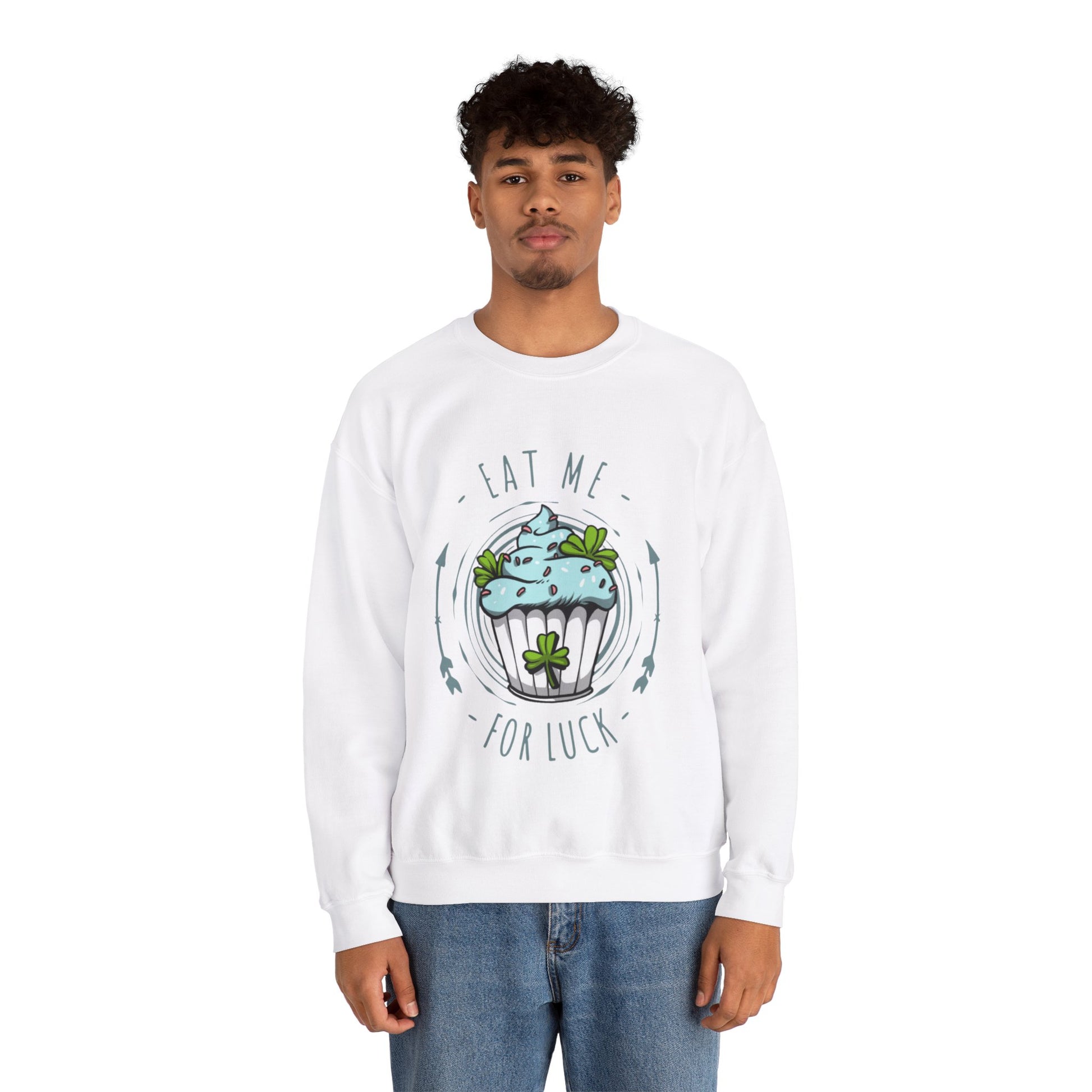 Eat Me For Luck Cupcake Graphic Crewneck Sweatshirt in White from Topaz Peaks