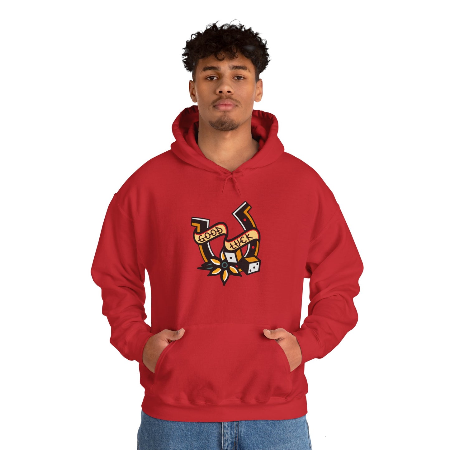 Good Luck Tattoo Art Graphic Print Hoodie Sweatshirt in red from Topaz Peaks