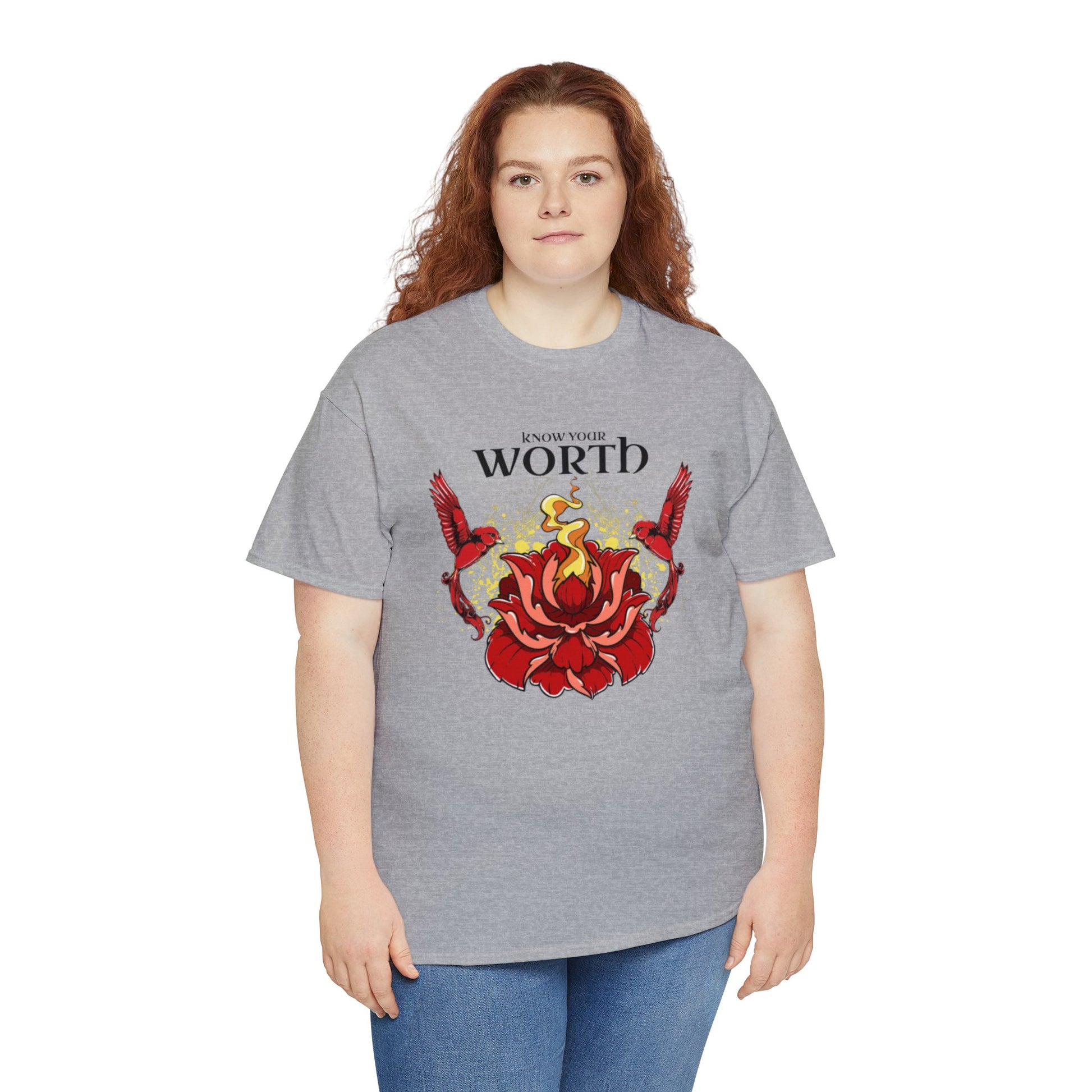 Know Your Worth Lotus Flower Birds Graphic T-shirt in Gray from Topaz Peaks