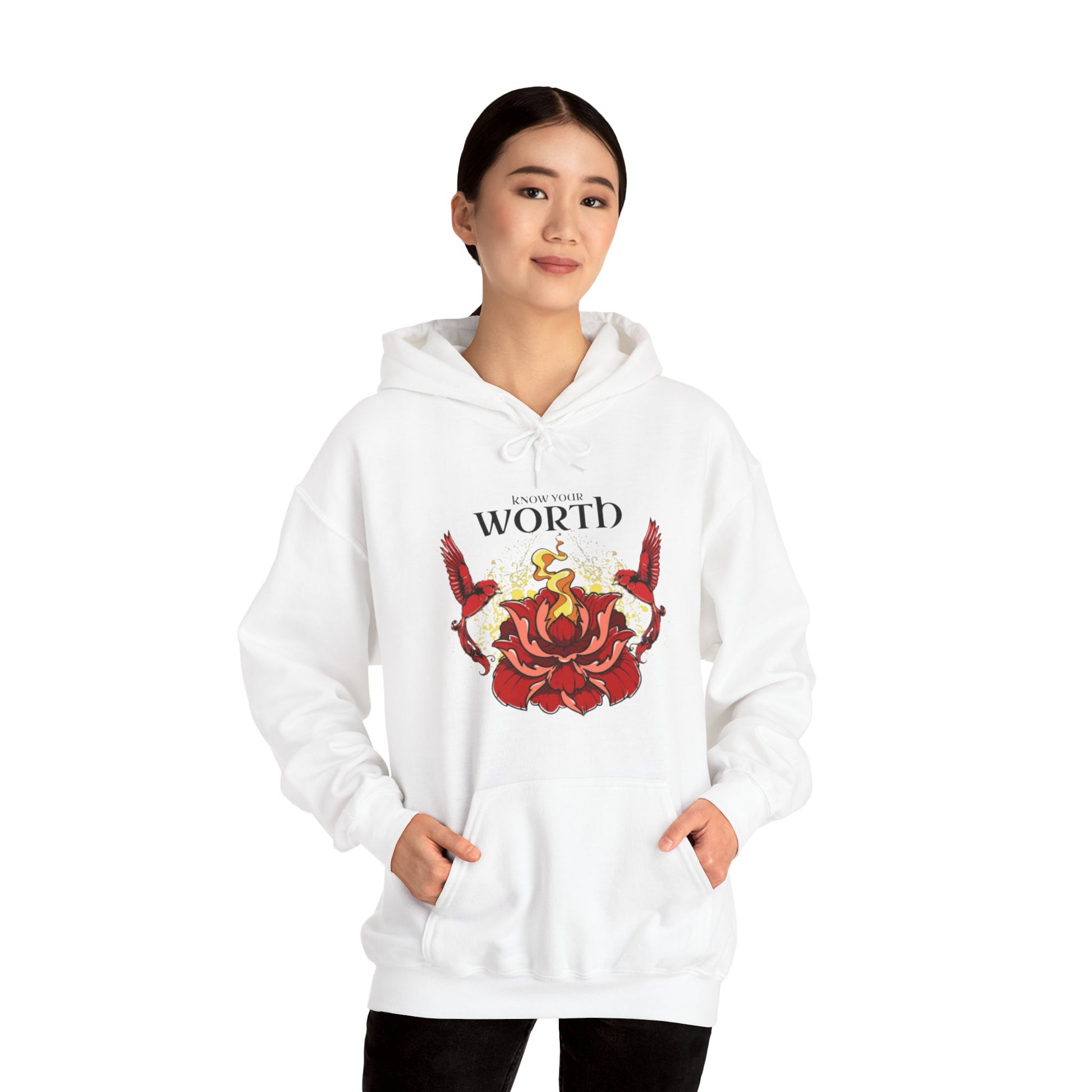 Know Your Worth Lotus Flower Birds Graphic Hoodie Sweatshirt in White from Topaz Peaks