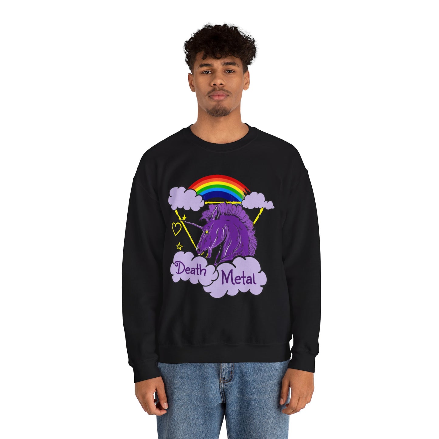 Death Metal Unicorn and Rainbow Graphic Crewneck Sweatshirt in Black from Topaz Peaks