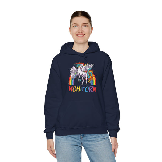 Momicorn Mama Unicorn Rainbow Graphic Hoodie Sweatshirt in Blue from Topaz Peaks