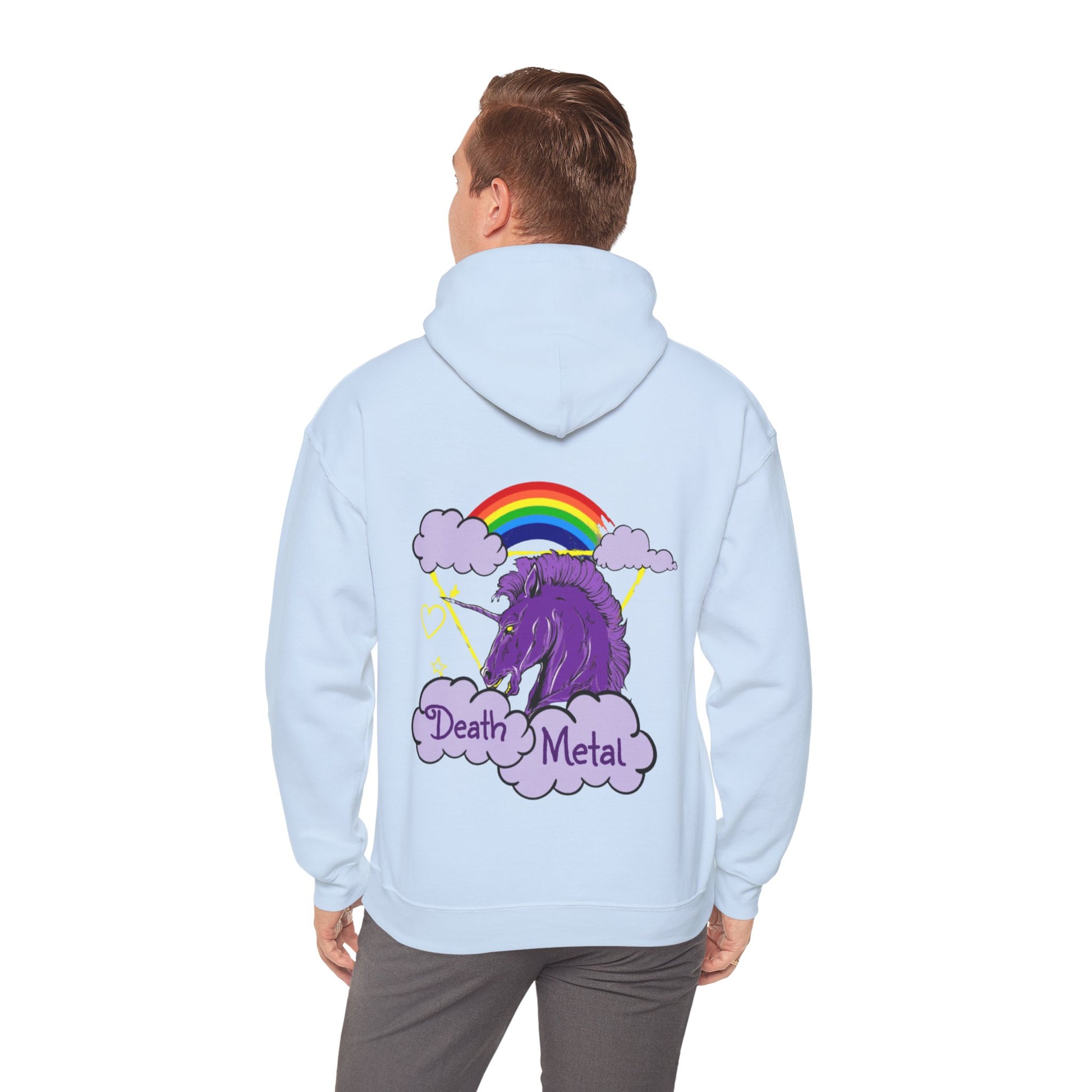 Death Metal Unicorn and Rainbow Graphic Hoodie Sweatshirt in Blue from Topaz Peaks