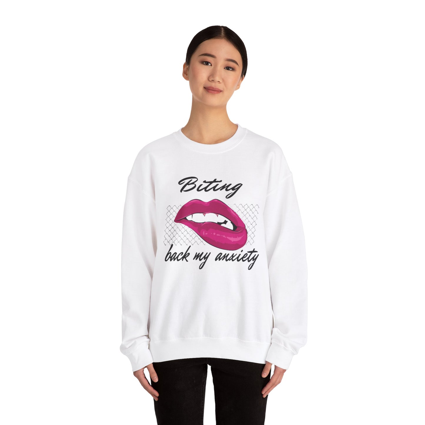 Biting Lips Graphic Crewneck Sweatshirt in White from Topaz Peaks